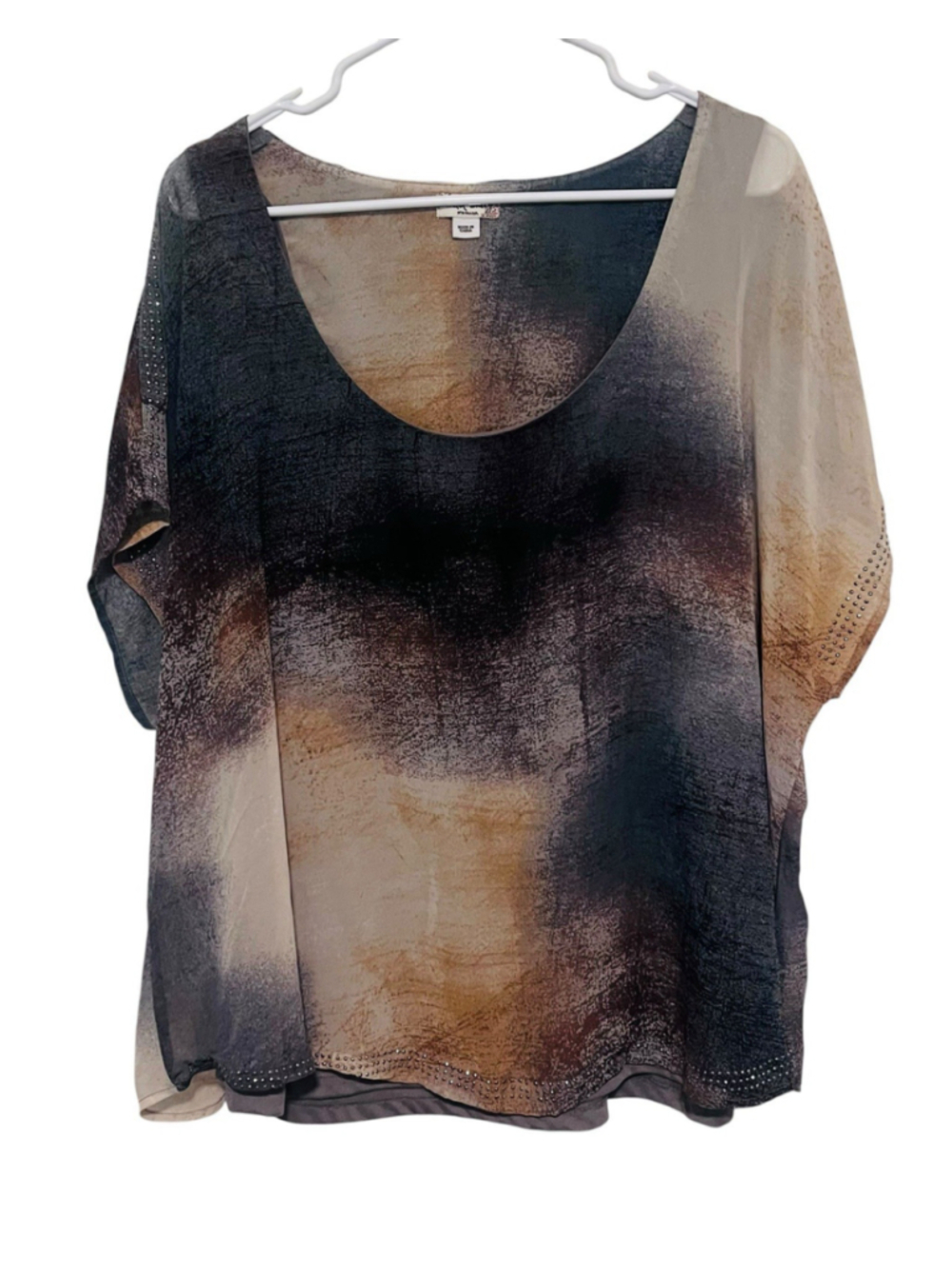 World Unity Layered Studded Blouse Women’s 2X Brown Gray Black Flowy Top